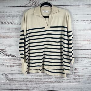 Mersea Women's Size S/M Birch Deep Navy Stripes Collared Anywhere Polo Sweater